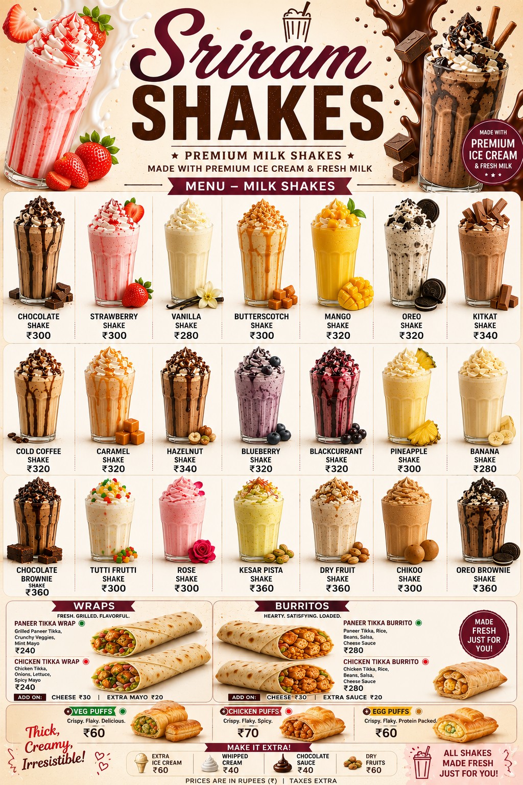 Sriram Shakes full signature menu board
